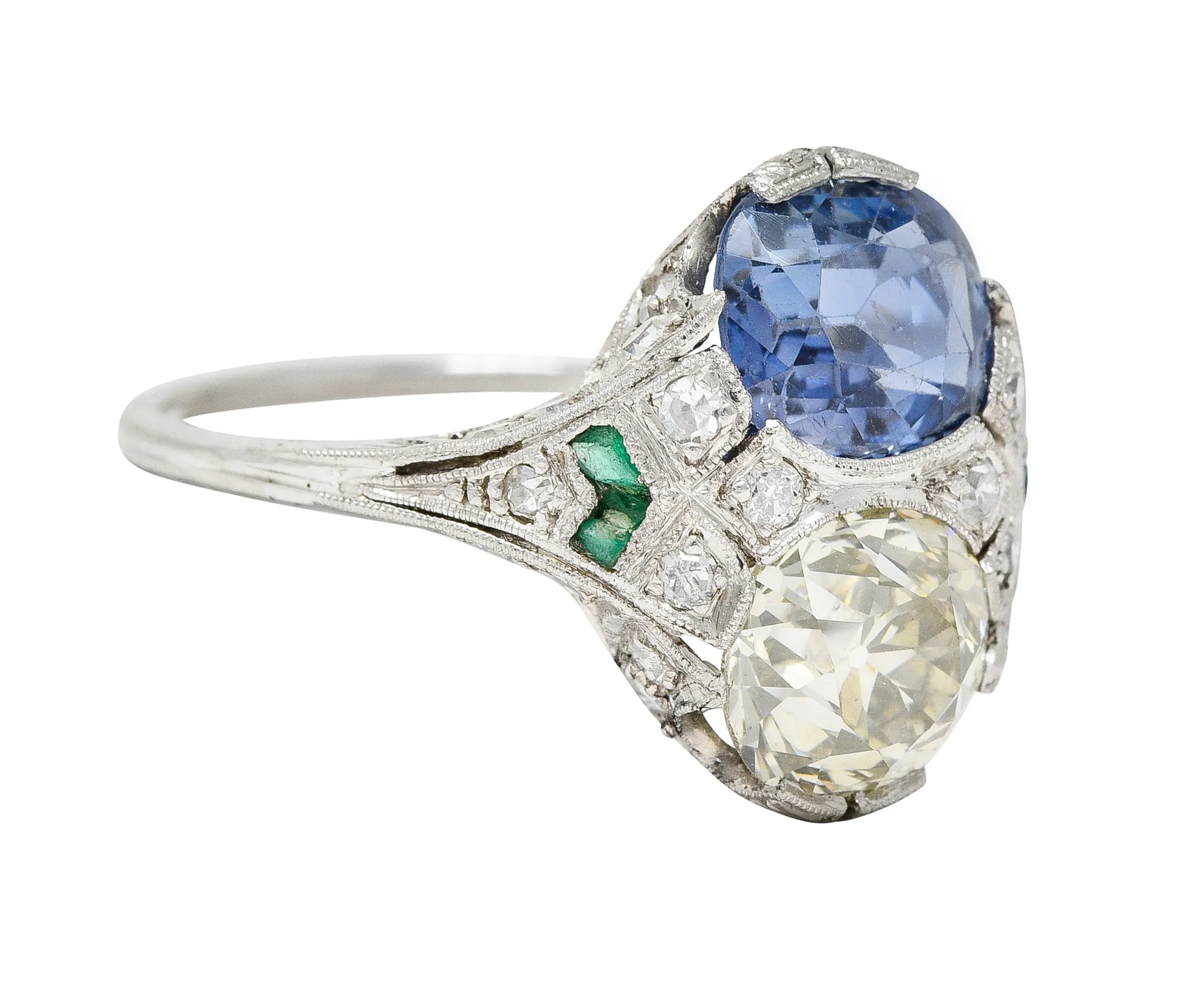 Art Deco 3.87 CTW Old European Cut Diamond Sapphire Emerald Platinum Toi-Et-Moi Vintage Alternative Dinner Ring GIA