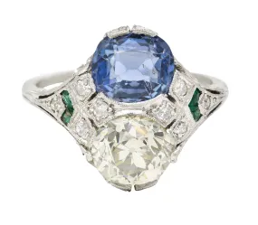 Art Deco 3.87 CTW Old European Cut Diamond Sapphire Emerald Platinum Toi-Et-Moi Vintage Alternative Dinner Ring GIA