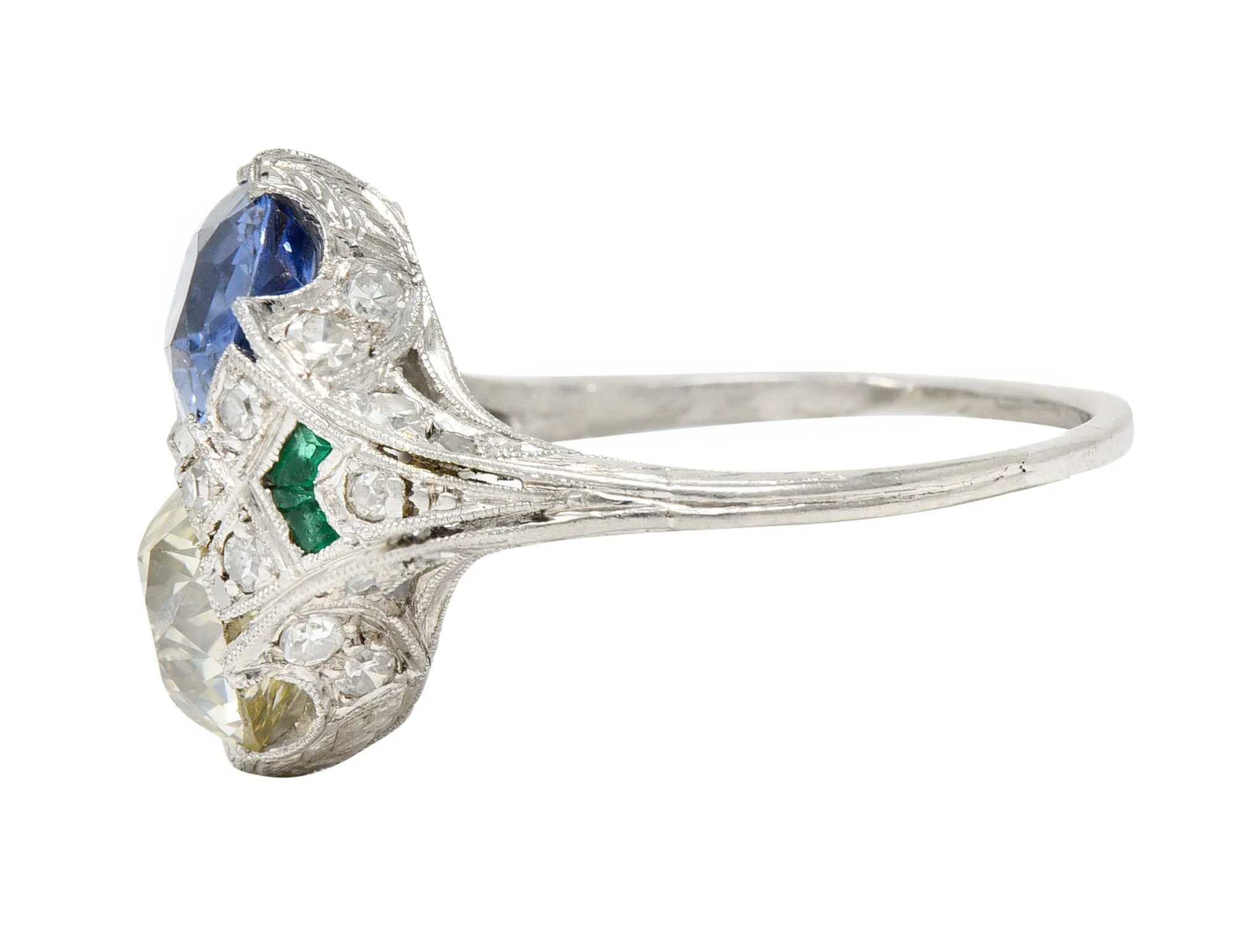 Art Deco 3.87 CTW Old European Cut Diamond Sapphire Emerald Platinum Toi-Et-Moi Vintage Alternative Dinner Ring GIA