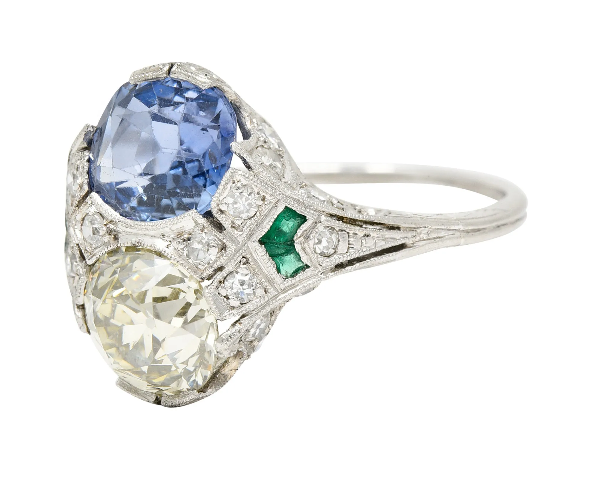 Art Deco 3.87 CTW Old European Cut Diamond Sapphire Emerald Platinum Toi-Et-Moi Vintage Alternative Dinner Ring GIA