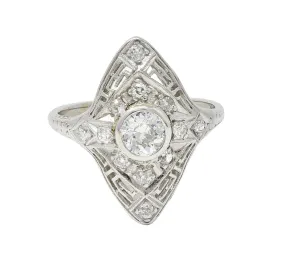 Art Deco Diamond 18 Karat White Gold Greek Key Vintage Navette Dinner Ring