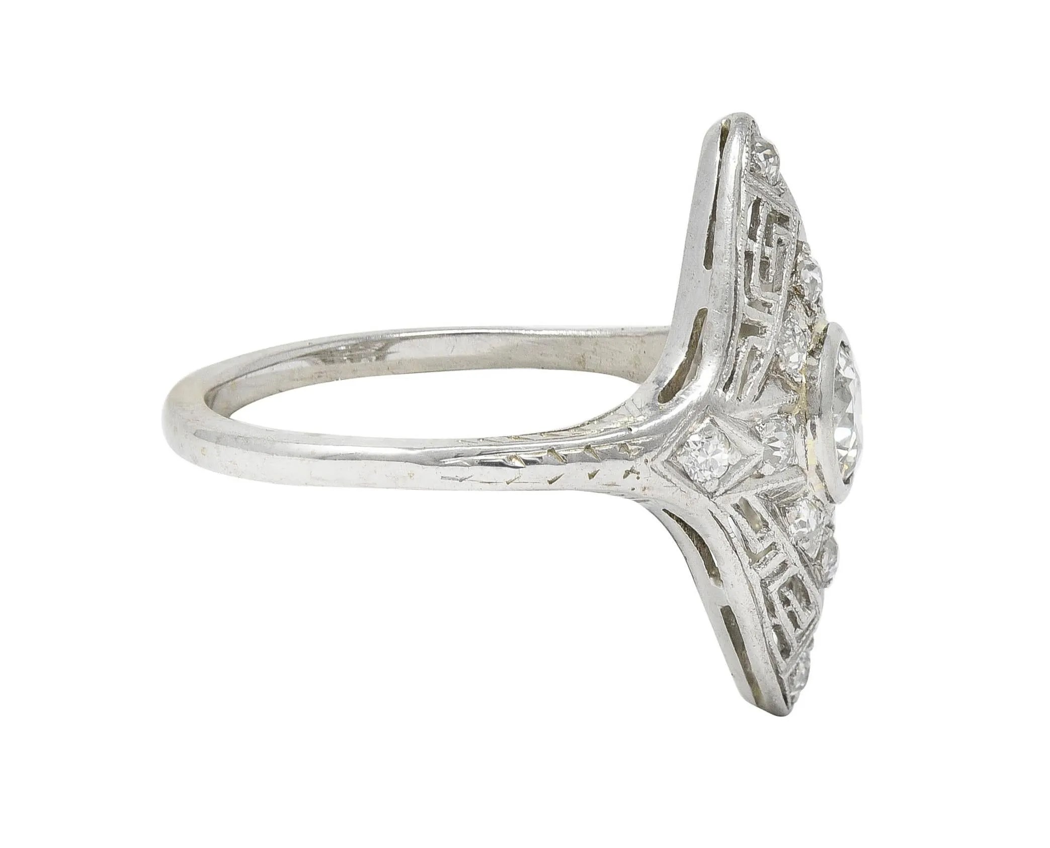 Art Deco Diamond 18 Karat White Gold Greek Key Vintage Navette Dinner Ring