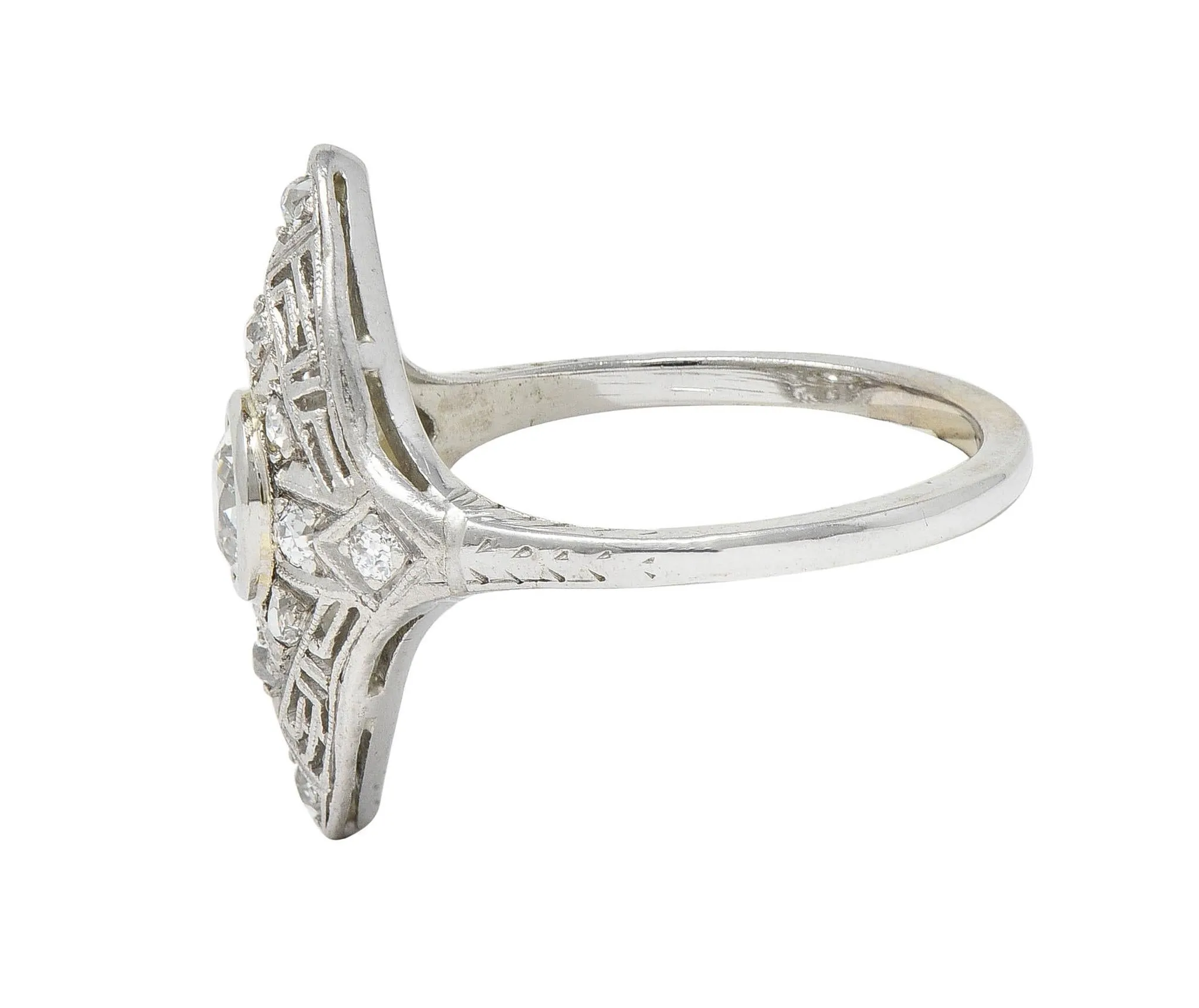 Art Deco Diamond 18 Karat White Gold Greek Key Vintage Navette Dinner Ring