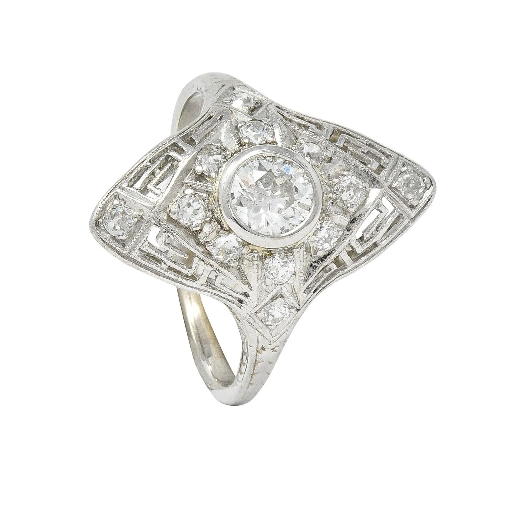 Art Deco Diamond 18 Karat White Gold Greek Key Vintage Navette Dinner Ring