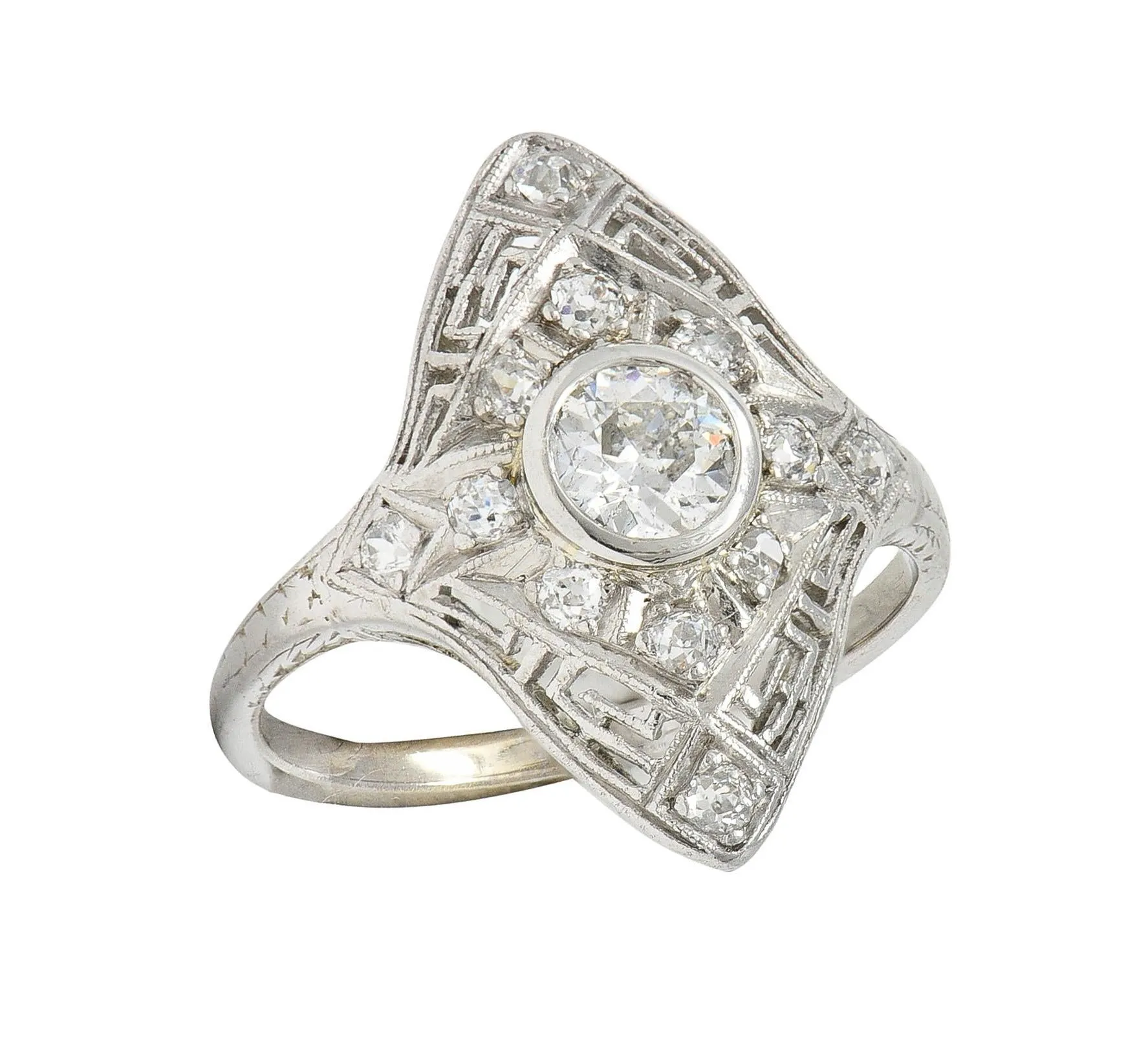 Art Deco Diamond 18 Karat White Gold Greek Key Vintage Navette Dinner Ring