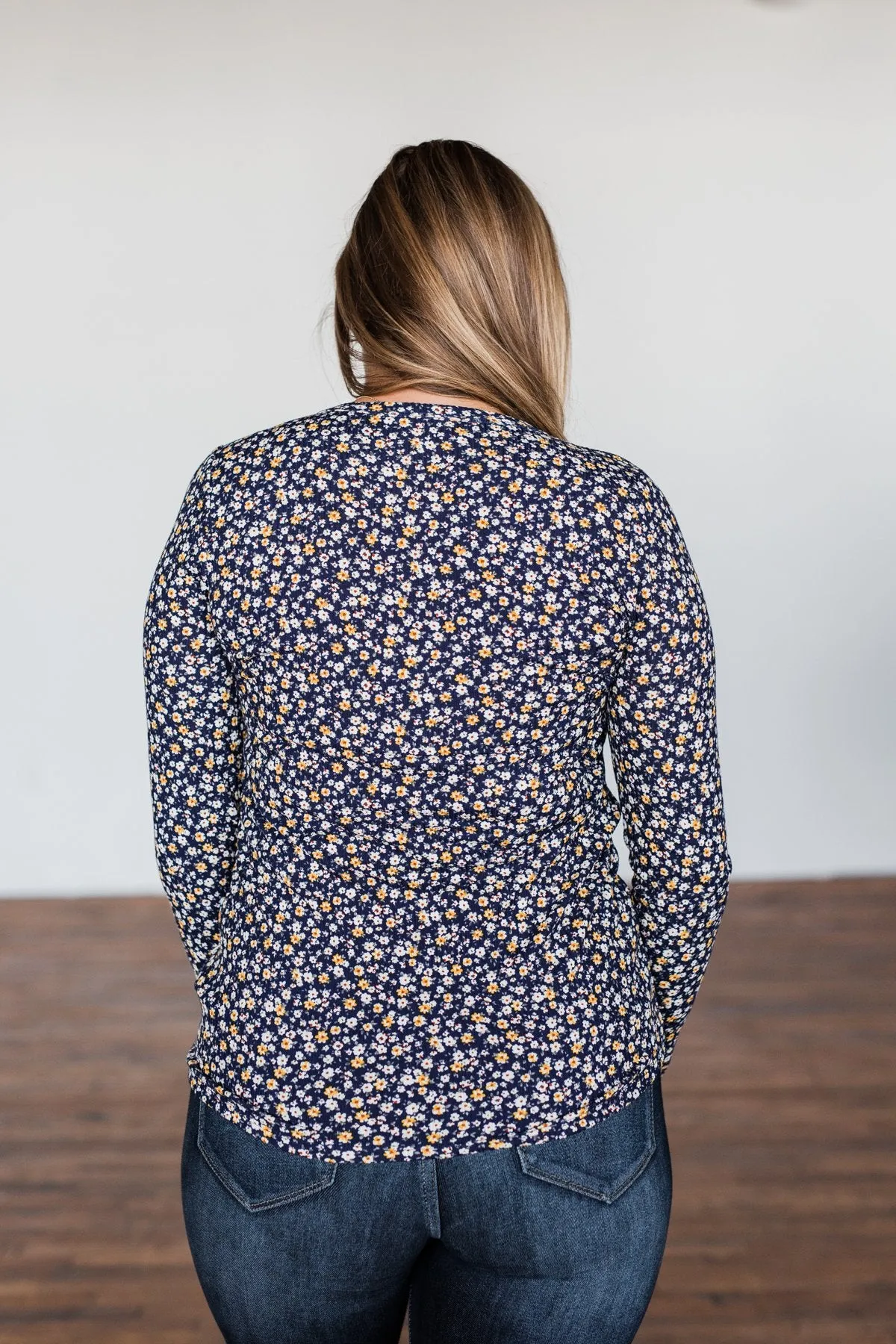 Before You Go Floral Notch Top- Navy