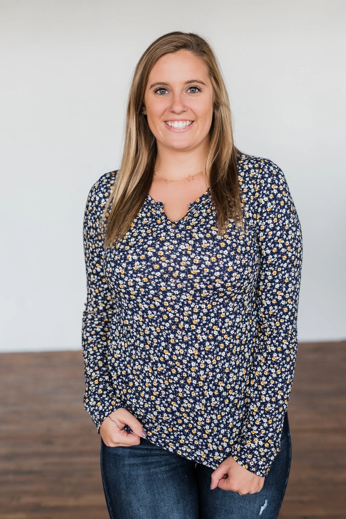 Before You Go Floral Notch Top- Navy