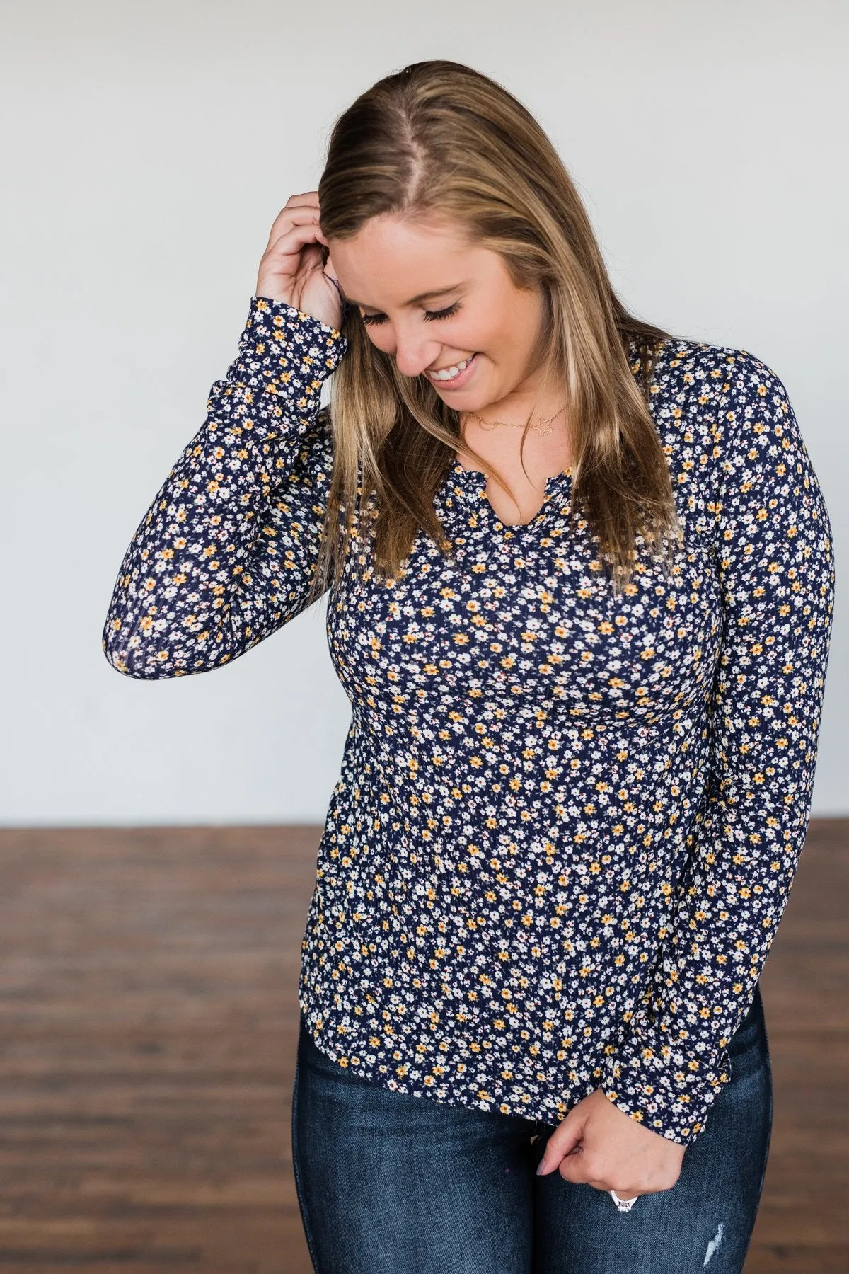 Before You Go Floral Notch Top- Navy