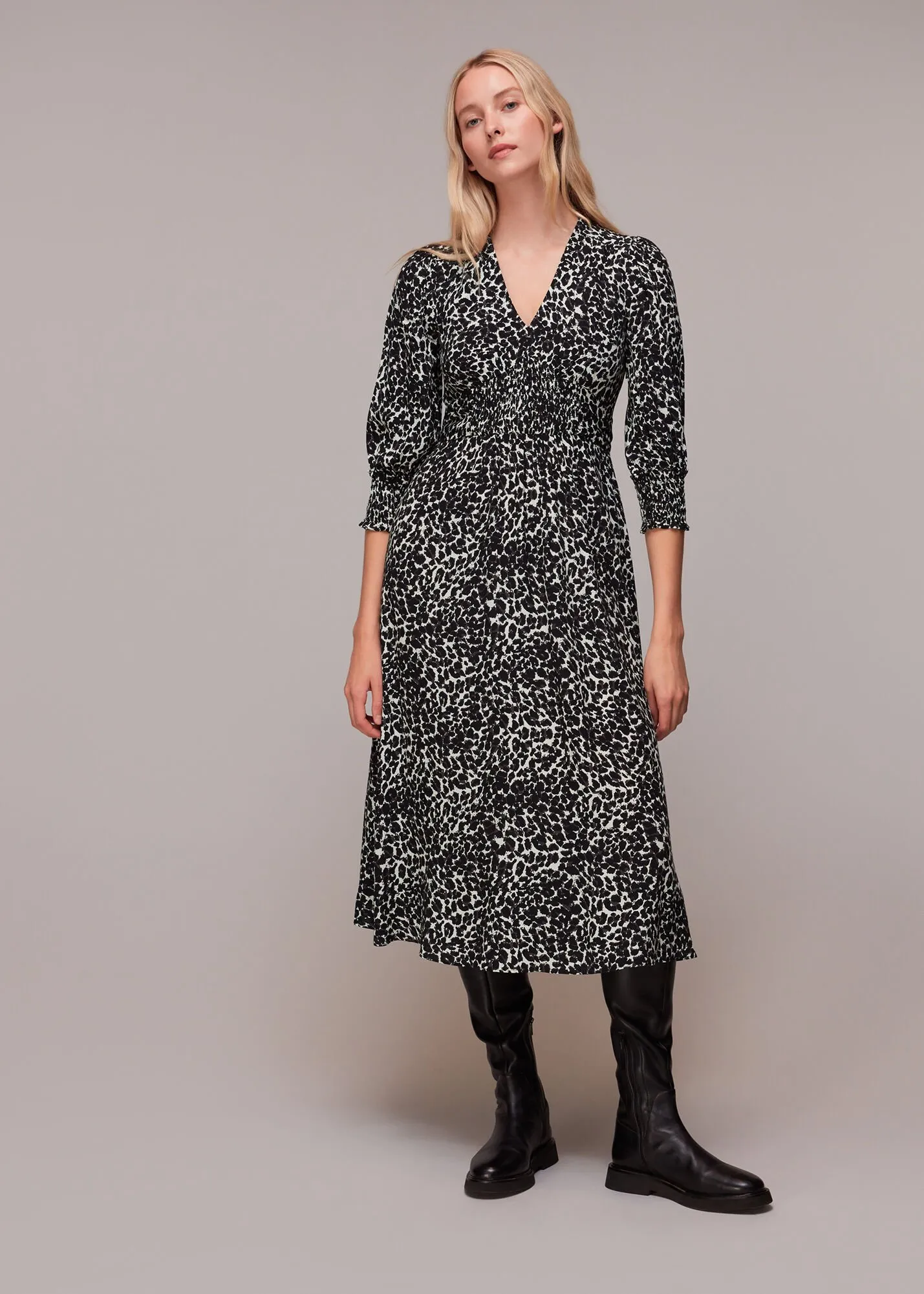 Black Shadow Leopard Shirred Dress