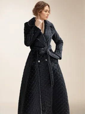 Black Winter Coat Lapel Belted Buttons Elegant Full Length Coat