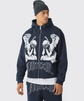 boohoo Mens Oversized Boxy Zip Through Renaissance Graphic Hoodie