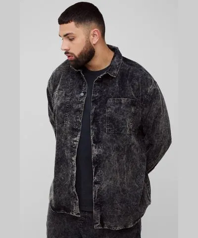 boohoo Mens Plus Oversized Acid Wash Cord Overshirt