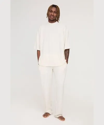 boohoo Mens Tall Soft Rib Oversized T-Shirt And Jogger Lounge Set In Ecru