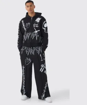 boohooMAN Mens Oversized Boxy All Over Print Graffiti Zip Through Tracksuit