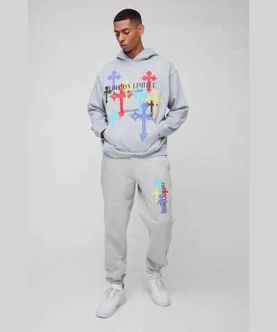 boohooMAN Mens Oversized Cross Print Hooded Tracksuit