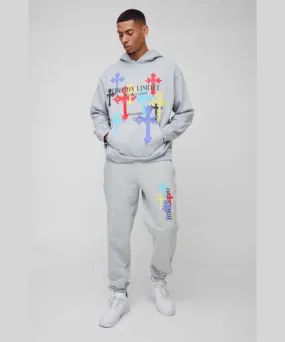 boohooMAN Mens Oversized Cross Print Hooded Tracksuit