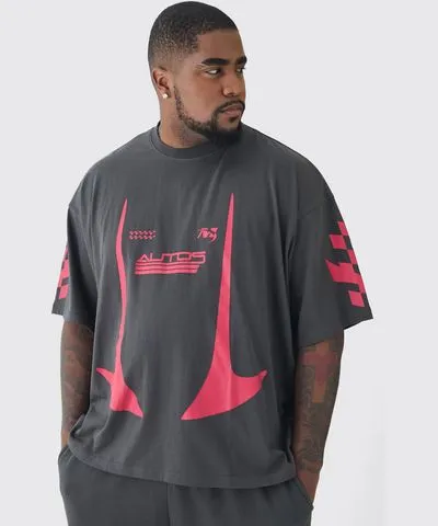 boohooMAN Mens Plus Oversized Boxy Moto Print T-Shirt