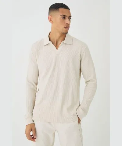 boohooMAN Mens V Neck Long Sleeve Jacquard Polo