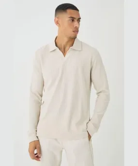 boohooMAN Mens V Neck Long Sleeve Jacquard Polo