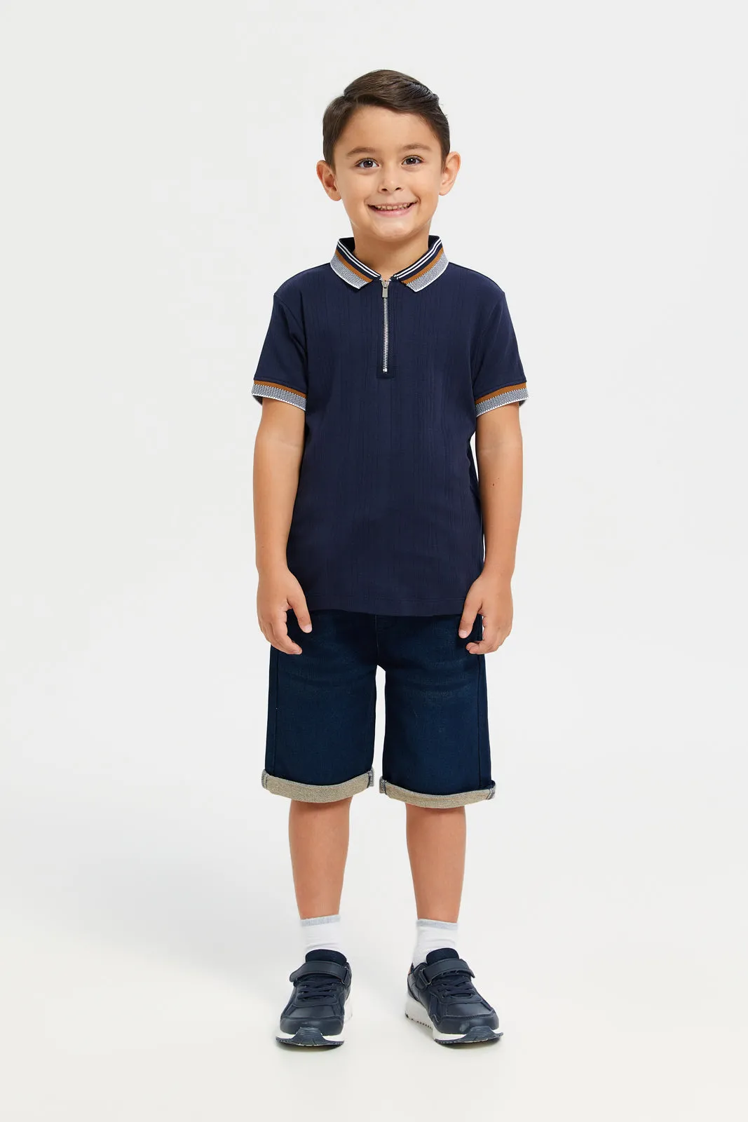 Boys Navy Jacquard Polo Shirt