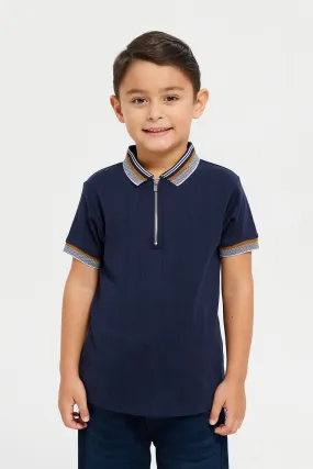 Boys Navy Jacquard Polo Shirt