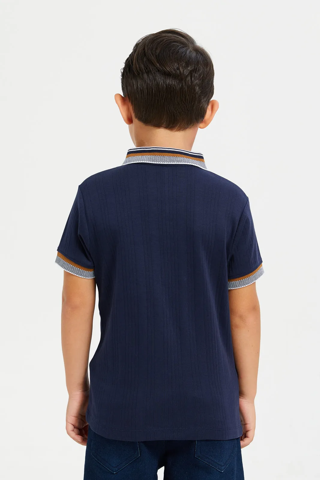 Boys Navy Jacquard Polo Shirt