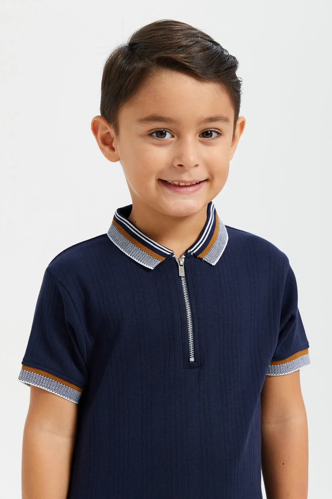 Boys Navy Jacquard Polo Shirt