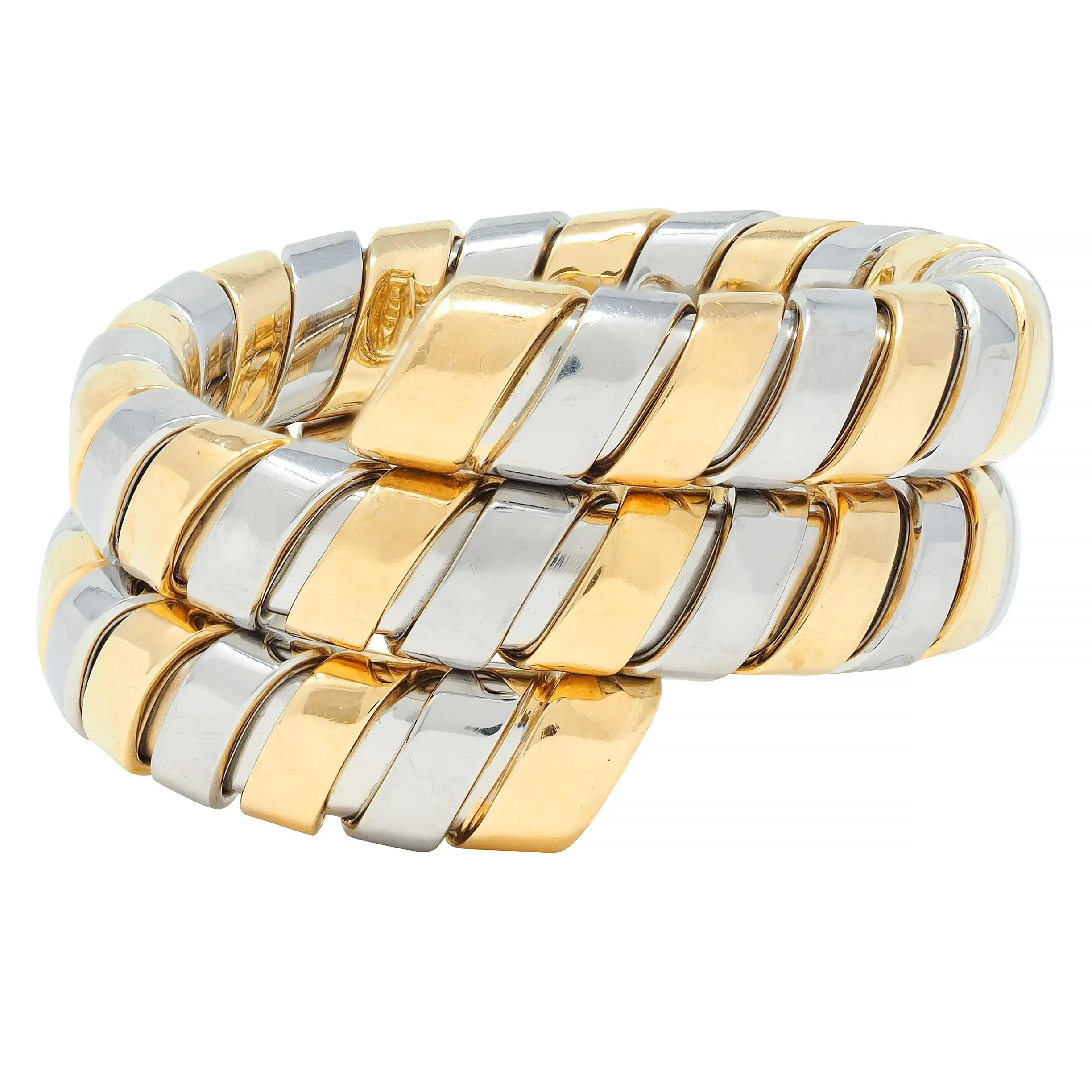 Bulgari 18 Karat Yellow Gold Stainless Steel Vintage Tubogas Serpenti Ring