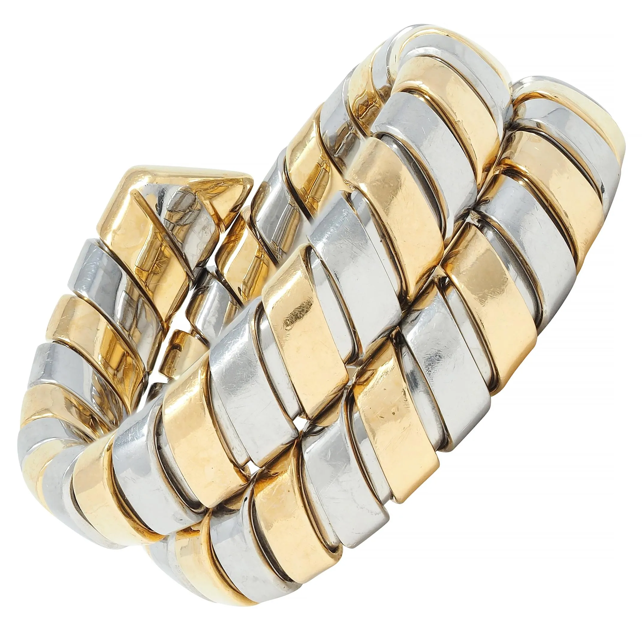 Bulgari 18 Karat Yellow Gold Stainless Steel Vintage Tubogas Serpenti Ring