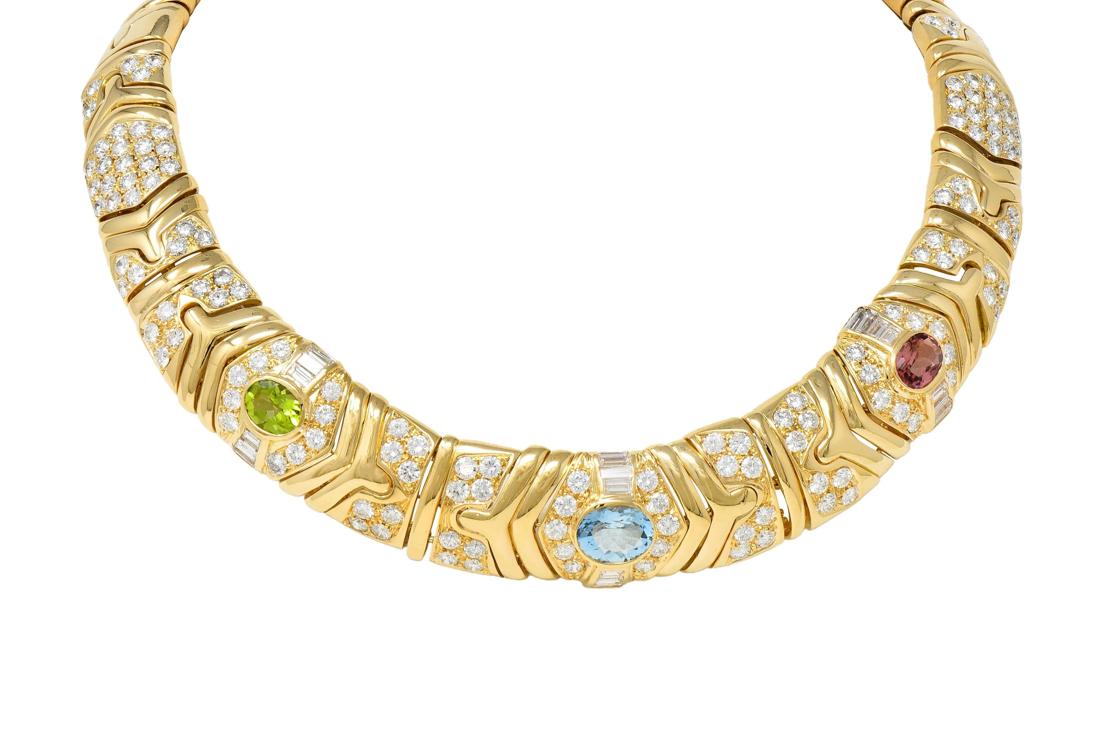 Bulgari 29.45 CTW Diamond Multi-Gem Peridot Tourmaline 18 Karat Yellow Gold Vintage Parentesi Collar Necklace