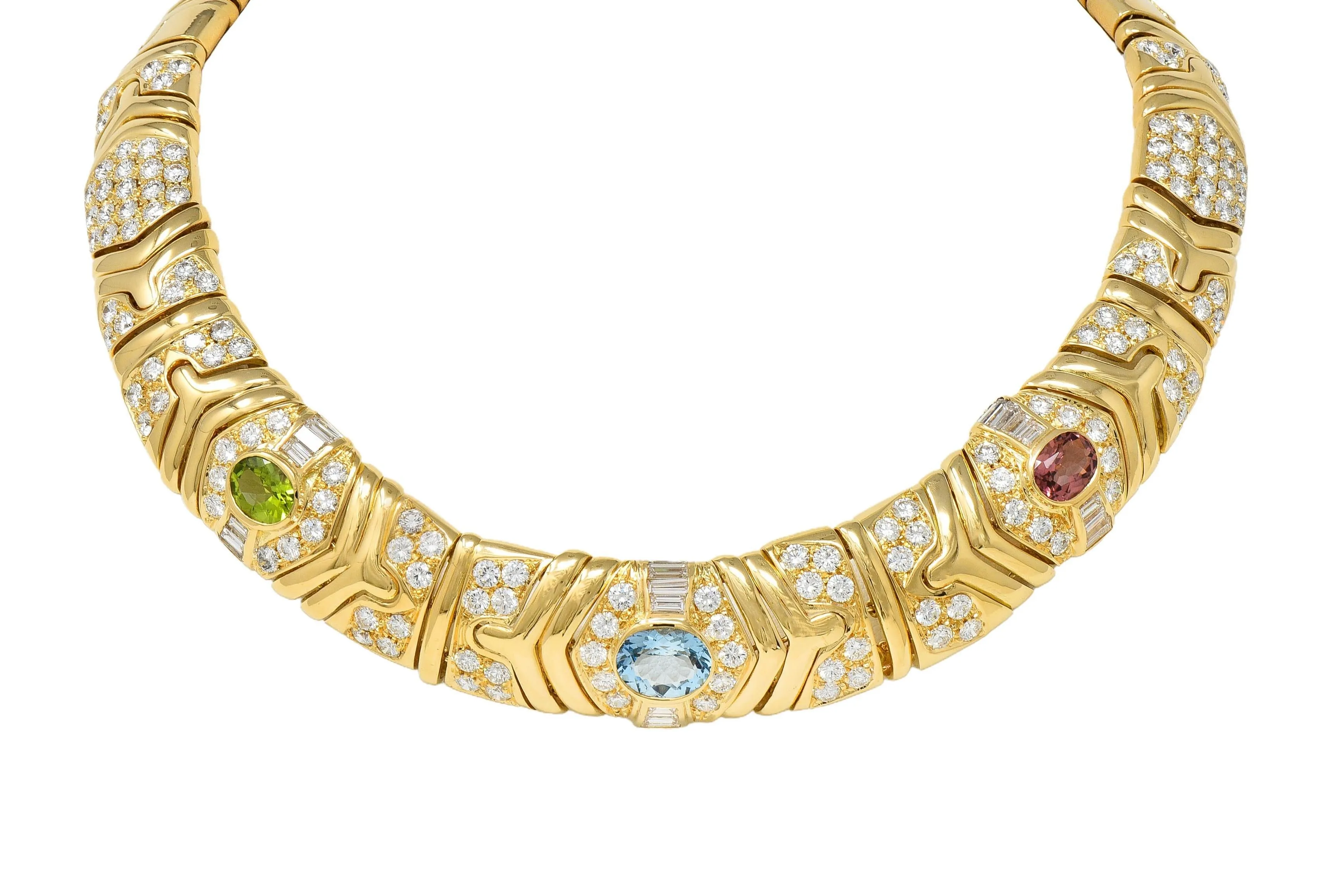 Bulgari 29.45 CTW Diamond Multi-Gem Peridot Tourmaline 18 Karat Yellow Gold Vintage Parentesi Collar Necklace