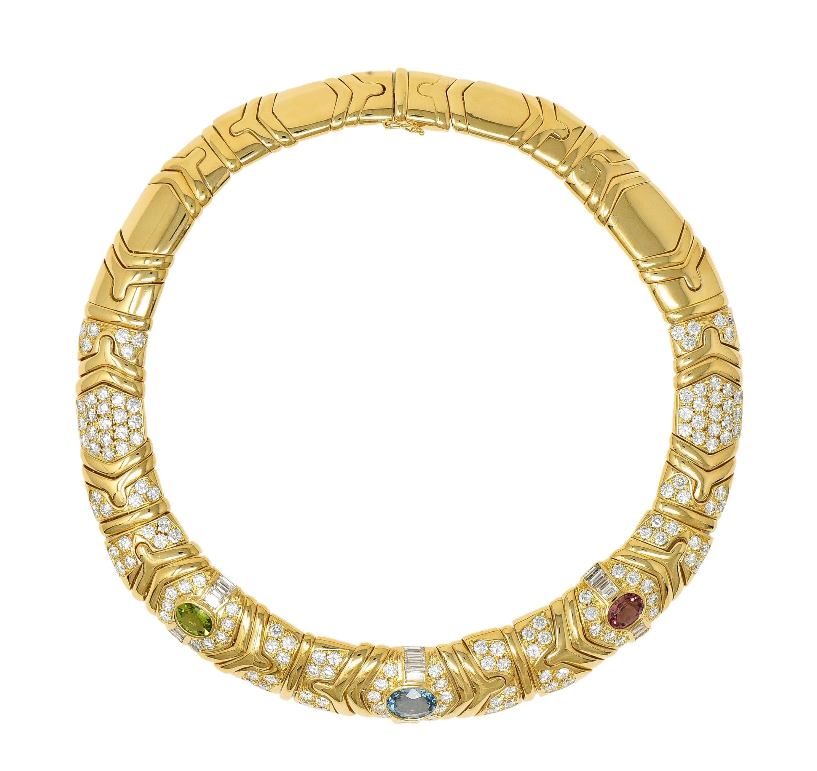 Bulgari 29.45 CTW Diamond Multi-Gem Peridot Tourmaline 18 Karat Yellow Gold Vintage Parentesi Collar Necklace