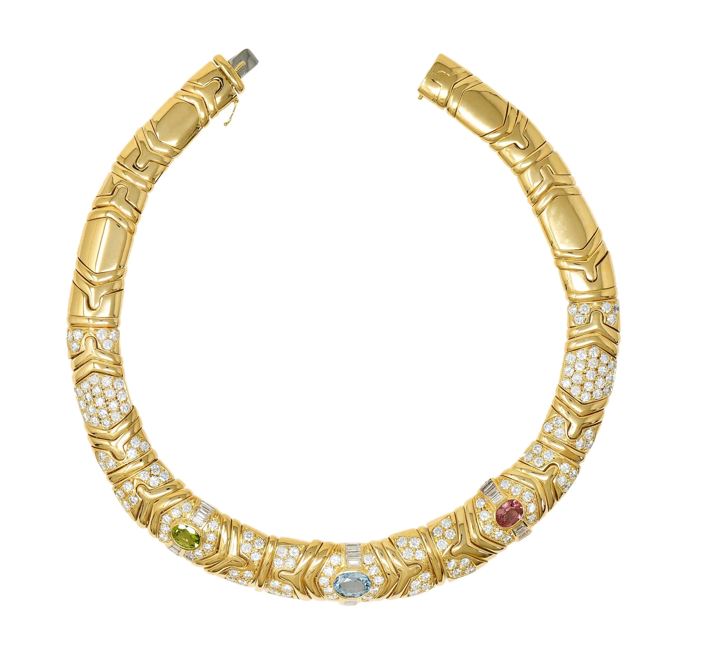 Bulgari 29.45 CTW Diamond Multi-Gem Peridot Tourmaline 18 Karat Yellow Gold Vintage Parentesi Collar Necklace