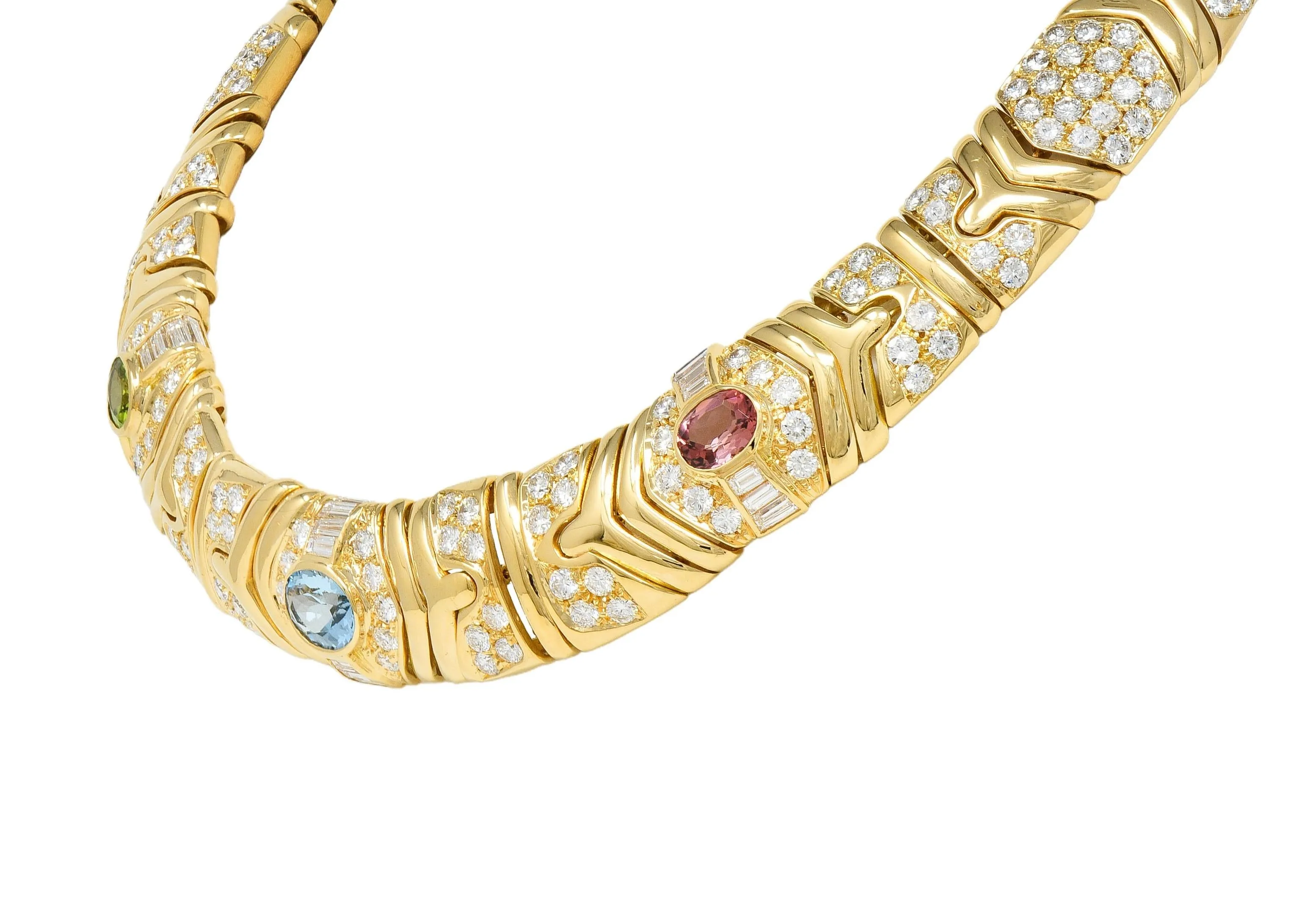 Bulgari 29.45 CTW Diamond Multi-Gem Peridot Tourmaline 18 Karat Yellow Gold Vintage Parentesi Collar Necklace