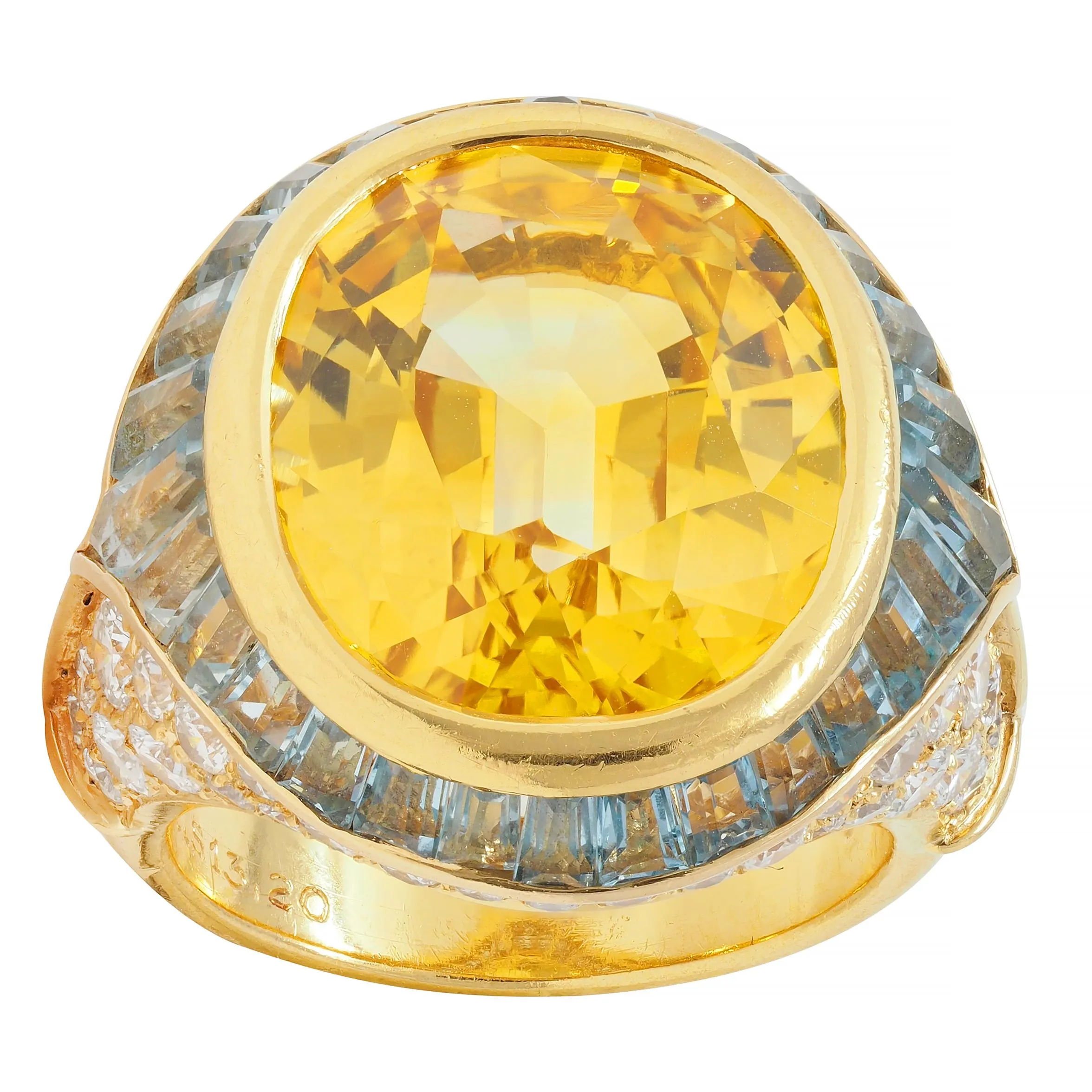 Bulgari Vintage 13.20 CTW Yellow Sapphire Aquamarine Diamond 18 Karat Gold Ballerina Halo Ring