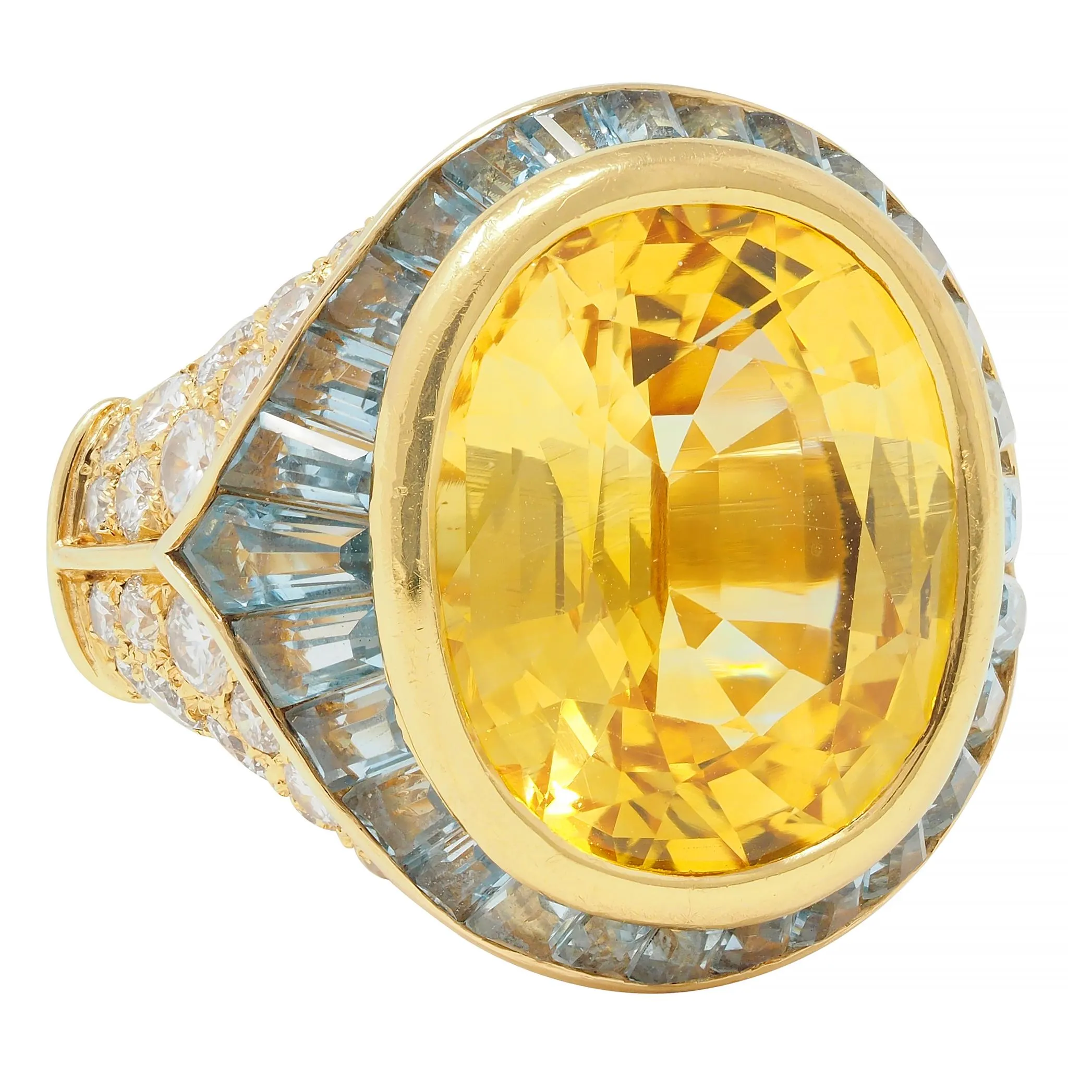 Bulgari Vintage 13.20 CTW Yellow Sapphire Aquamarine Diamond 18 Karat Gold Ballerina Halo Ring