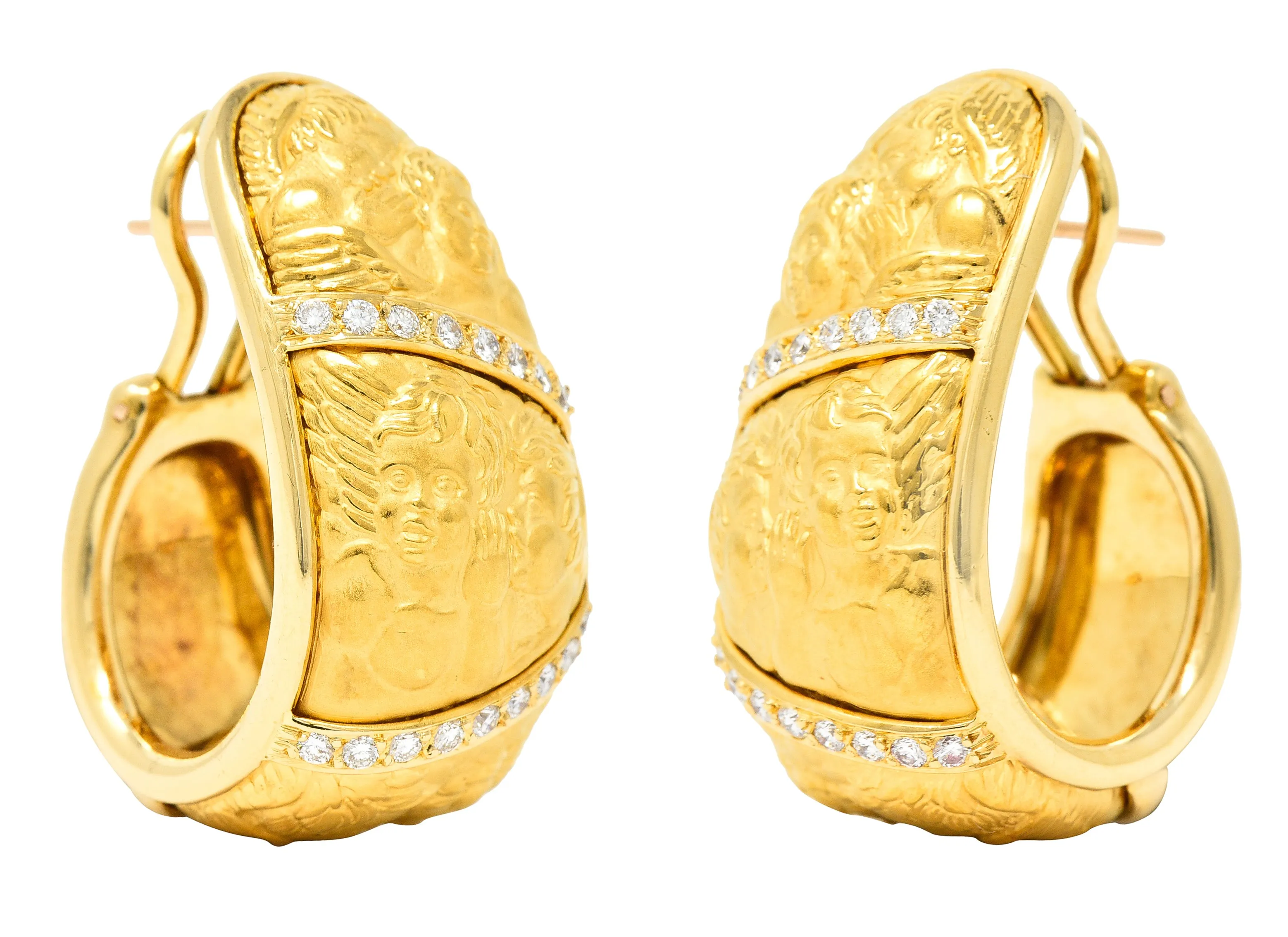 Carrera Y Carrera Diamond 18 Karat Yellow Gold Repoussé Cherub Vintage J Hoop Earirngs