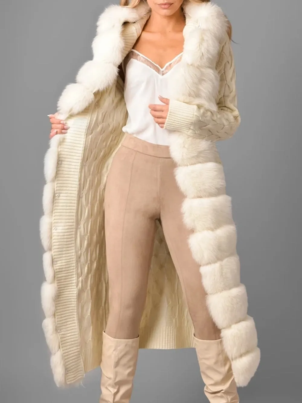 CAVO Fur-Trimmed Cashmere Cable-Knit Cardigan