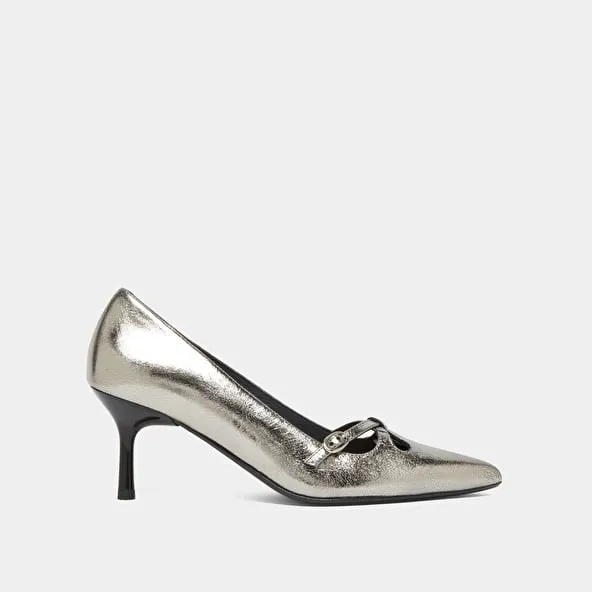 Cross-strap pumps in dark metallic leather