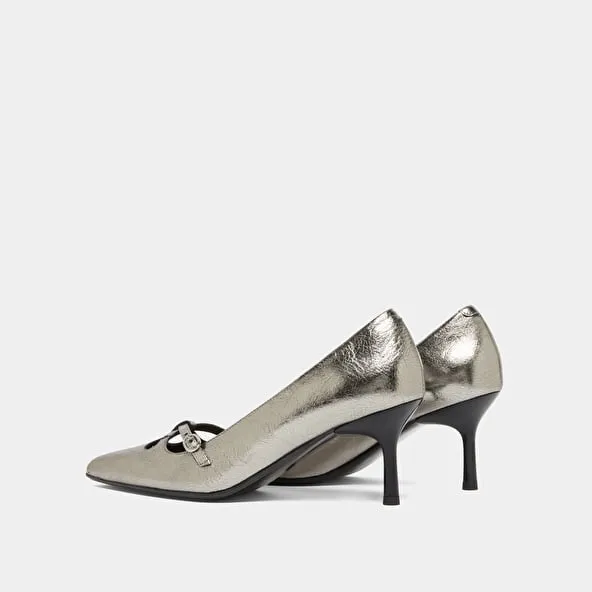 Cross-strap pumps in dark metallic leather