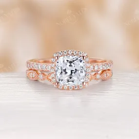 Cushion Moissanite Vintage Halo & Pave Engagement Ring Set Rose Gold