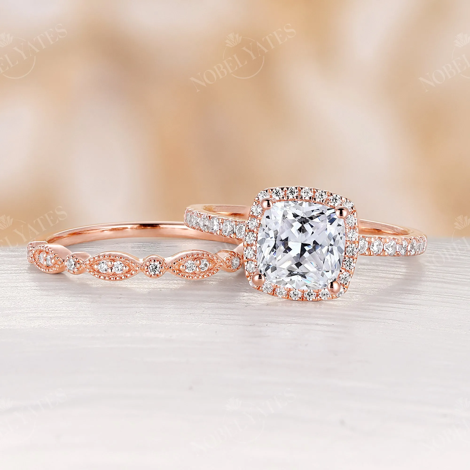 Cushion Moissanite Vintage Halo & Pave Engagement Ring Set Rose Gold