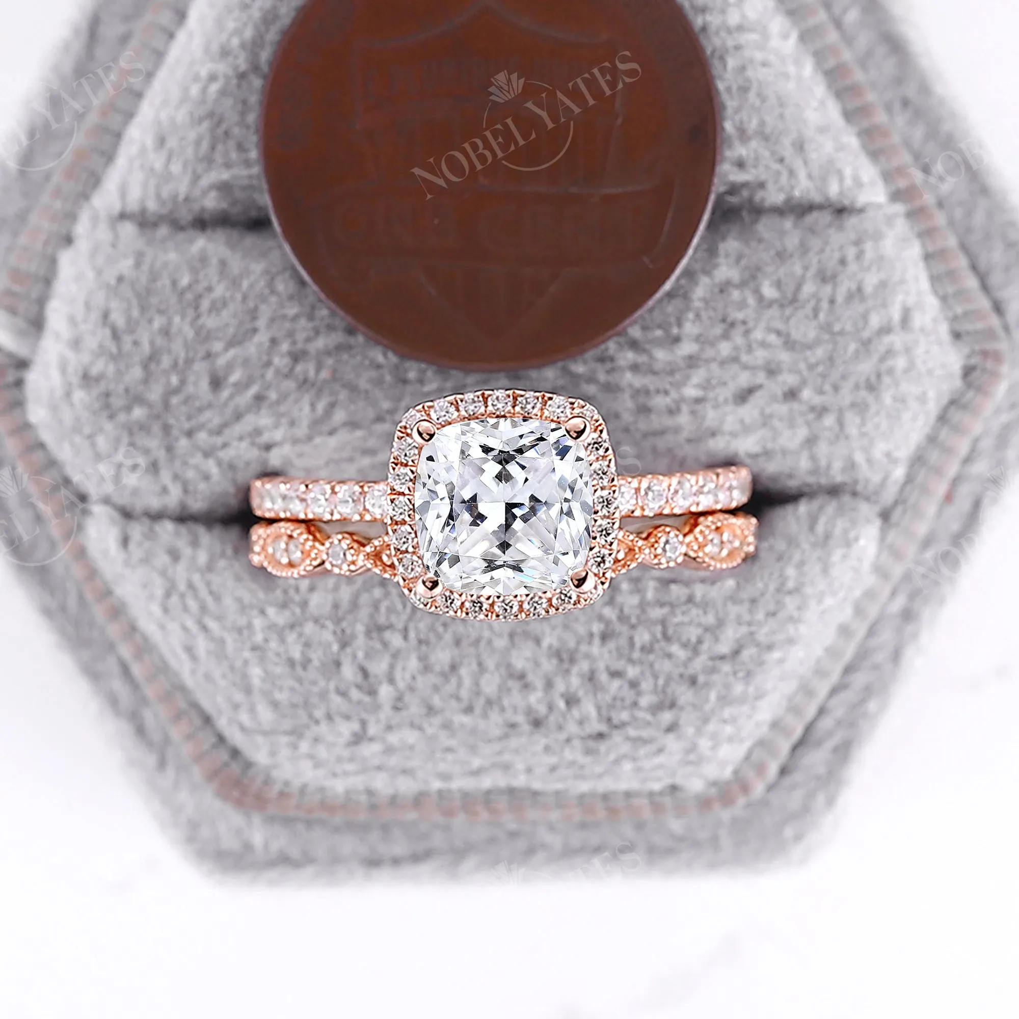 Cushion Moissanite Vintage Halo & Pave Engagement Ring Set Rose Gold