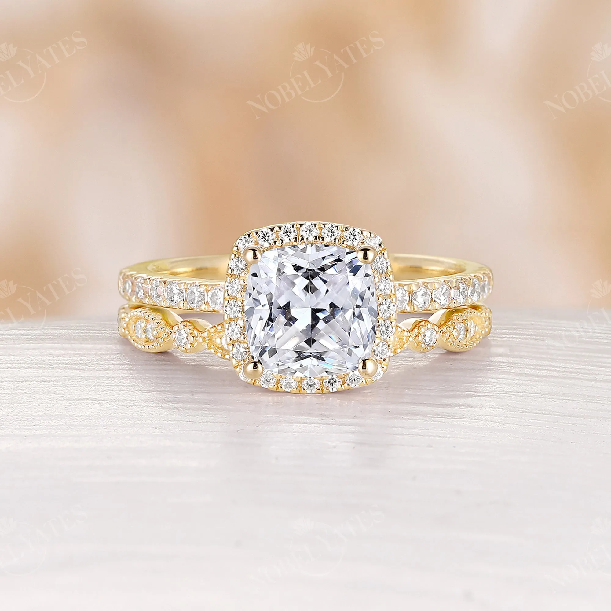 Cushion Moissanite Vintage Halo & Pave Engagement Ring Set Rose Gold