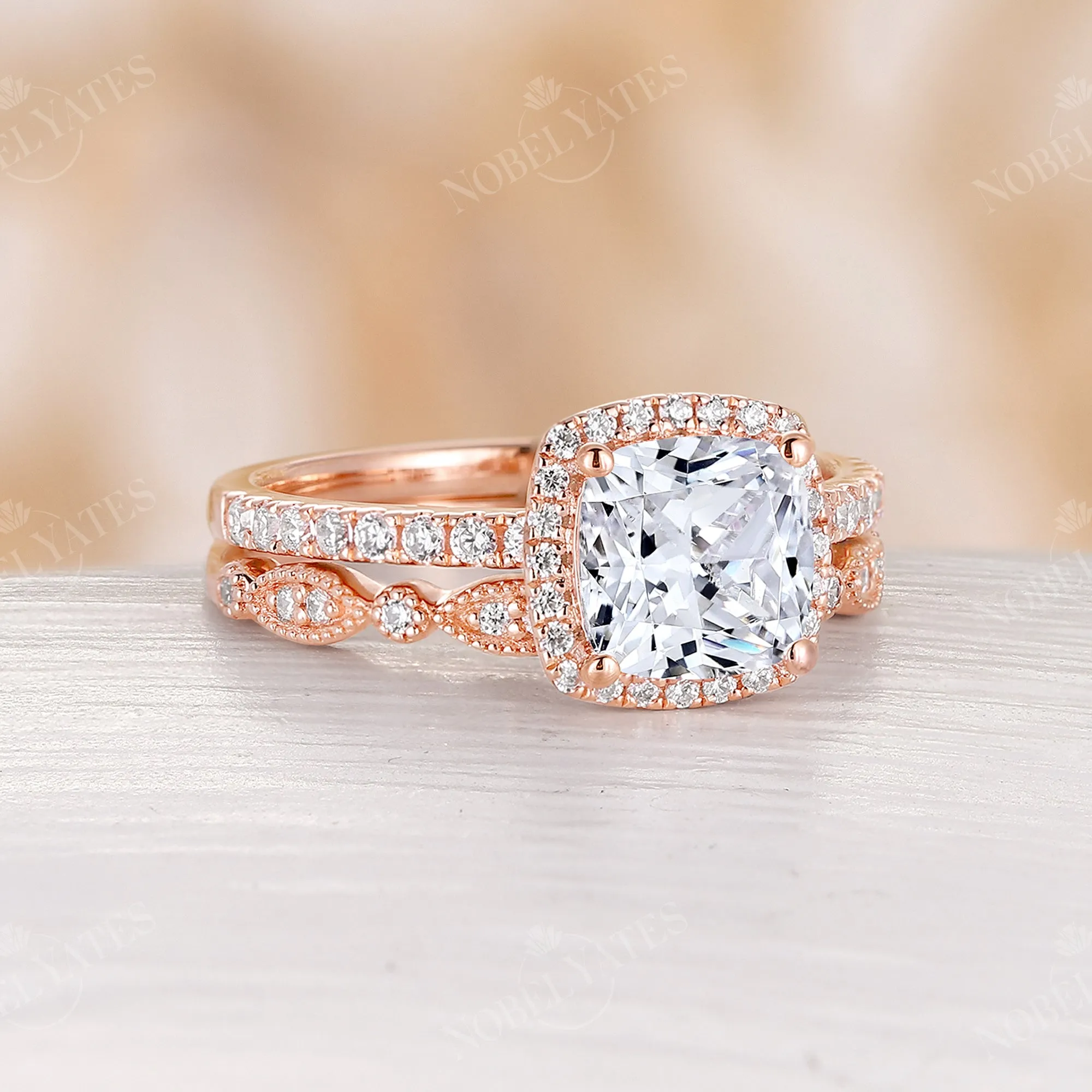 Cushion Moissanite Vintage Halo & Pave Engagement Ring Set Rose Gold