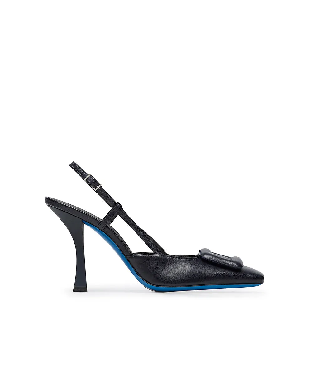 Dark blue nappa leather slingback pumps