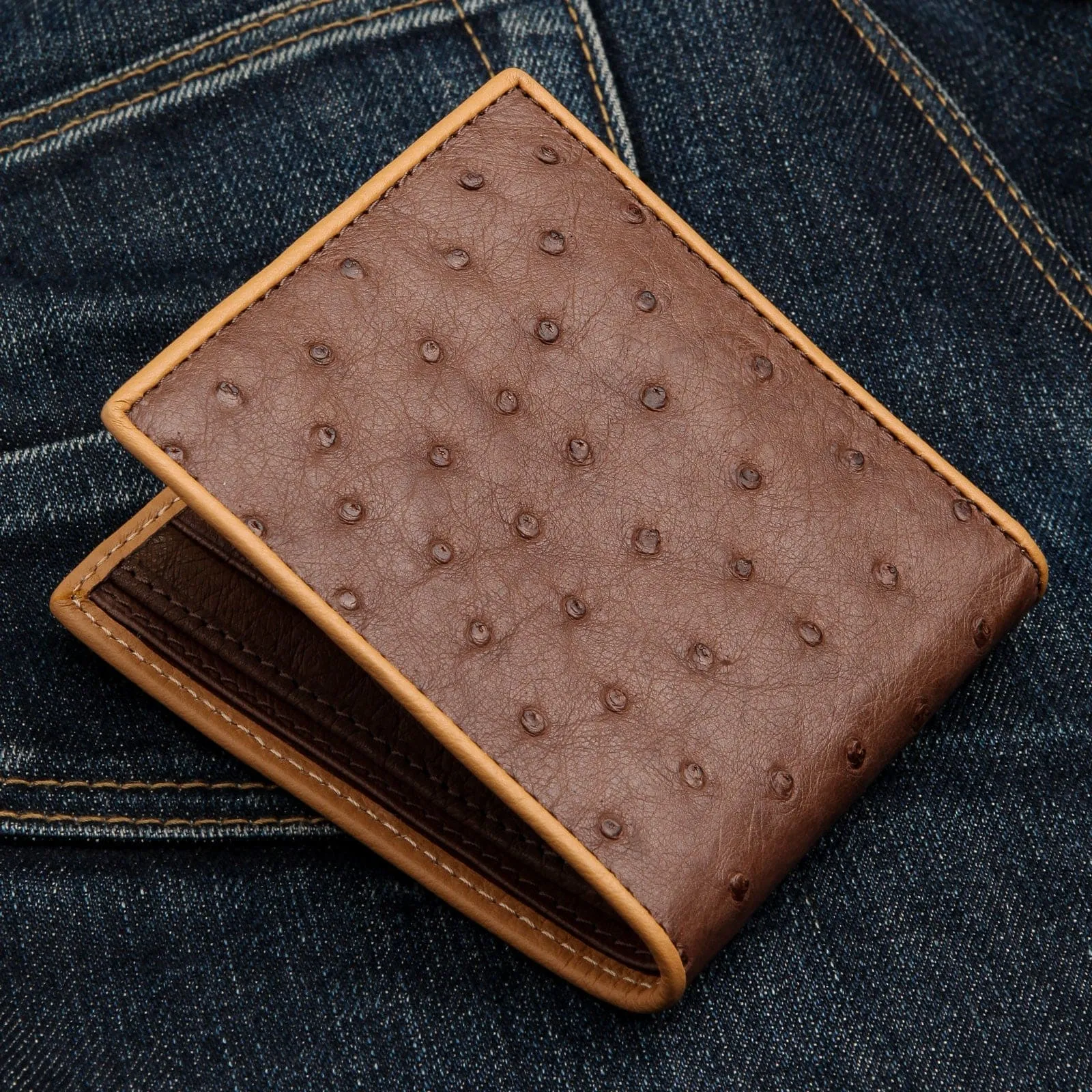 Dark Brown Twotone Ostrich Skin Leather Wallet