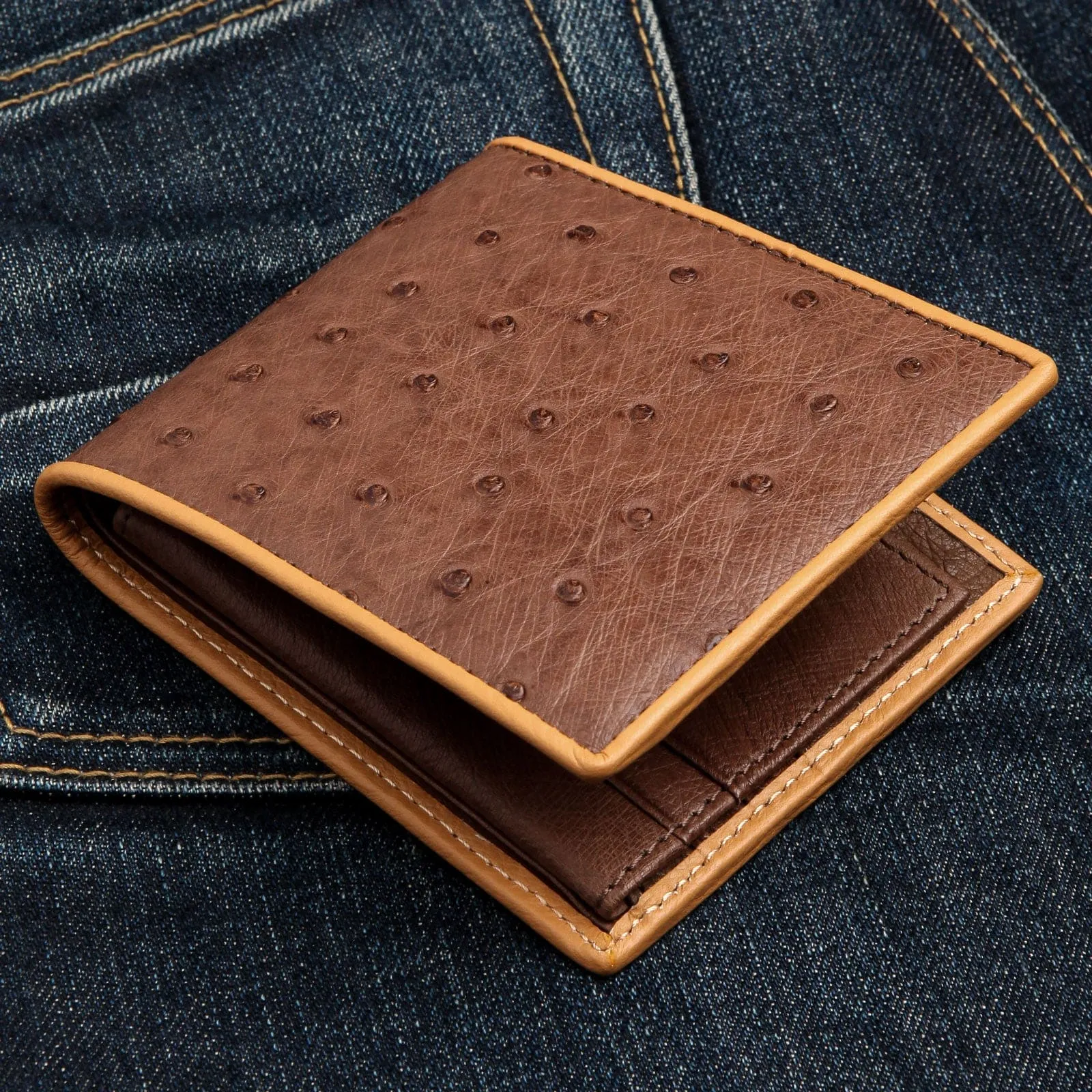 Dark Brown Twotone Ostrich Skin Leather Wallet