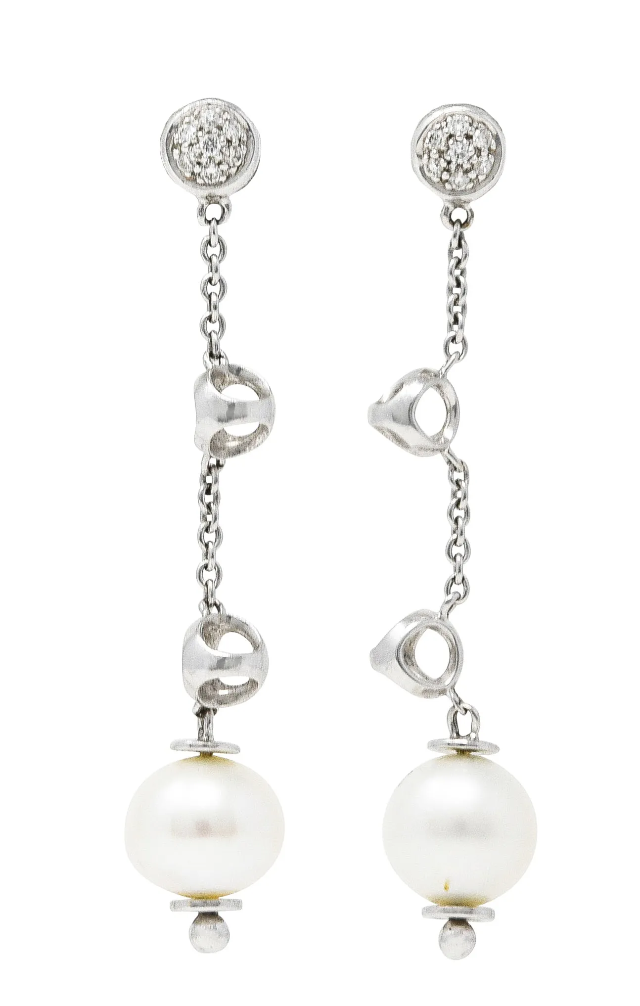 Di Modolo Vintage Diamond Pearl 18 Karat White Gold Triadra Drop Earrings