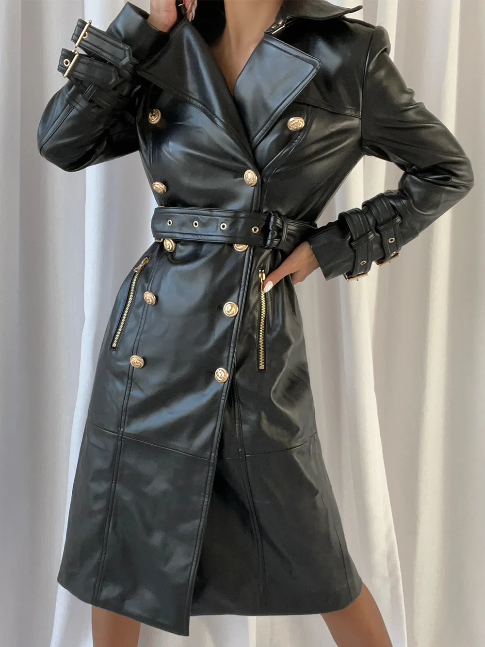 Double Breasted Leather Trench Coat